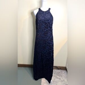 Vintage Geary Roark Kamisato Navy Blue Floral Velvet Burnout Maxi Dress